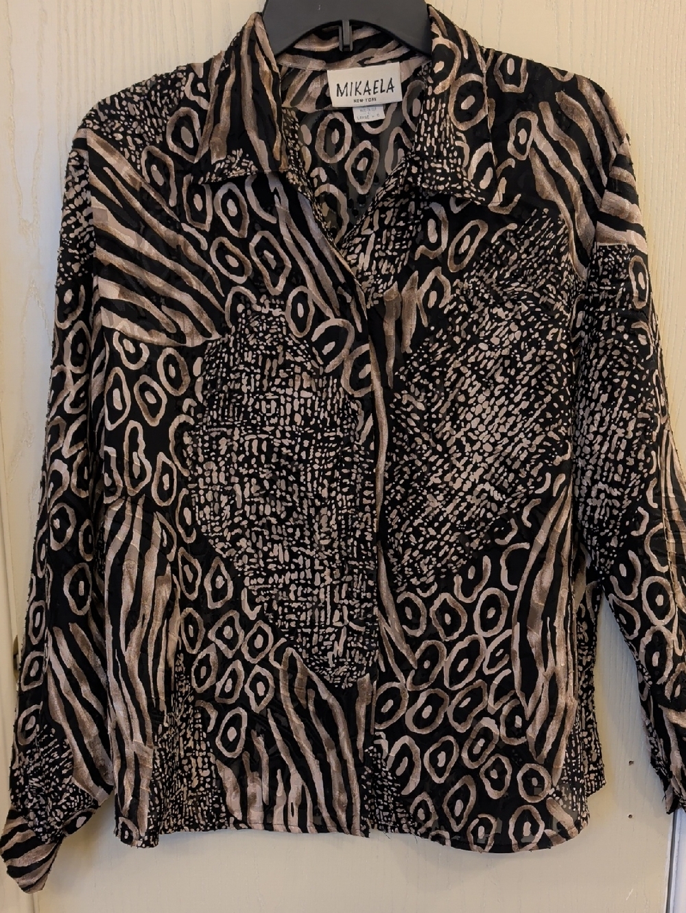 Vintage Mikaela Black & Taupe Burnout Animal Print Button-Up Blouse Size Large